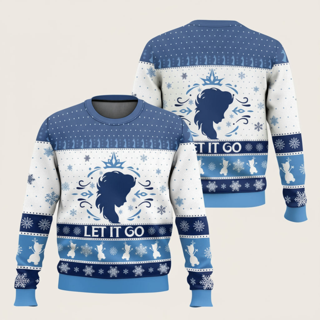 Festive Elsa Frozen Ugly Christmas Sweater - Blue & White Snowflake Pullover for Winter Fun