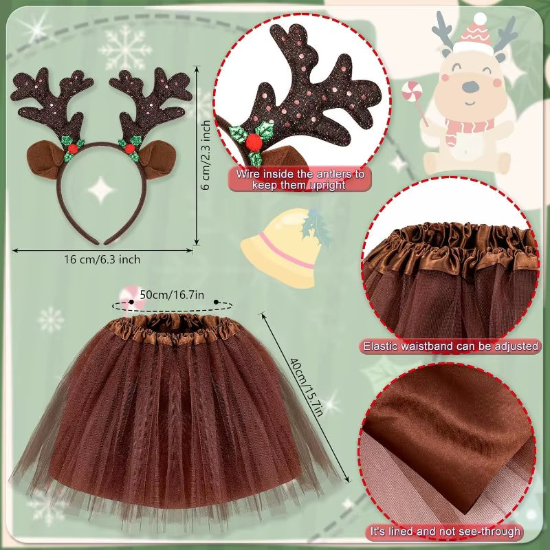 3Pcs Reindeer Costume Adult Tutu Skirt with Reindeer Headband Socks and Skirt,Cosplay Costume Halloween Christmas Dress Outfits