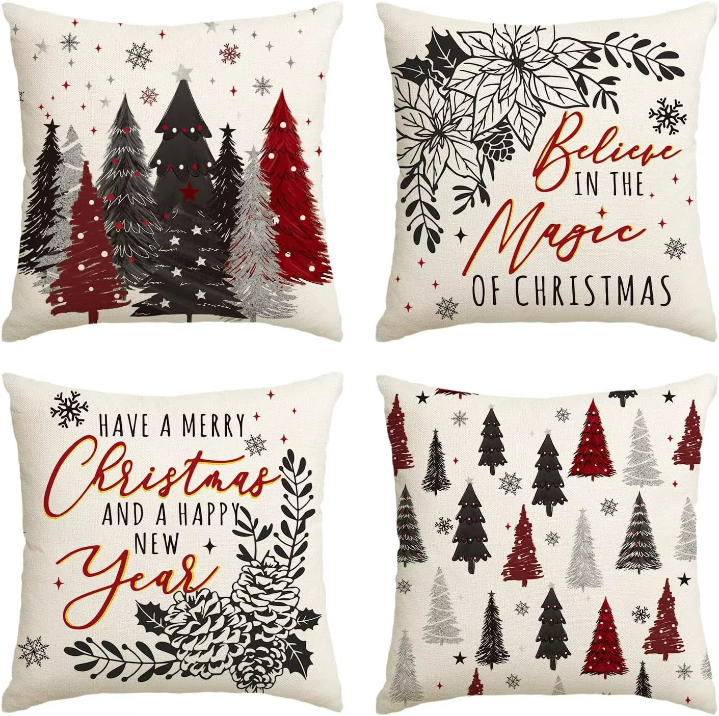 Festive Christmas Tree & Snowflake Throw Pillow Covers - Set of 4 for Cozy Holiday Decor on Sofa & Couch