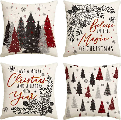 Festive Christmas Tree & Snowflake Throw Pillow Covers - Set of 4 for Cozy Holiday Decor on Sofa & Couch