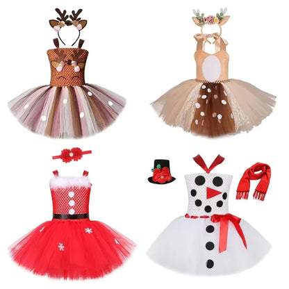 Girl Christmas Snowman Elk Xmas Costumes for Kids New Year Animal Deer Dress up Children Jungle Party Cloth Red Tutu Dress