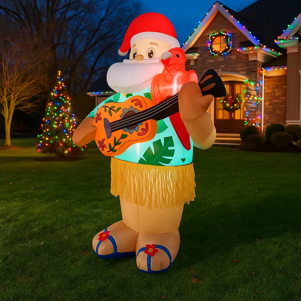 Hawaiian Santa Inflatable Christmas Decoration - 6FT LED Guitar Ornament for Home & Yard Party Decor