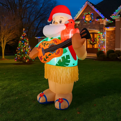 Hawaiian Santa Inflatable Christmas Decoration - 6FT LED Guitar Ornament for Home & Yard Party Decor