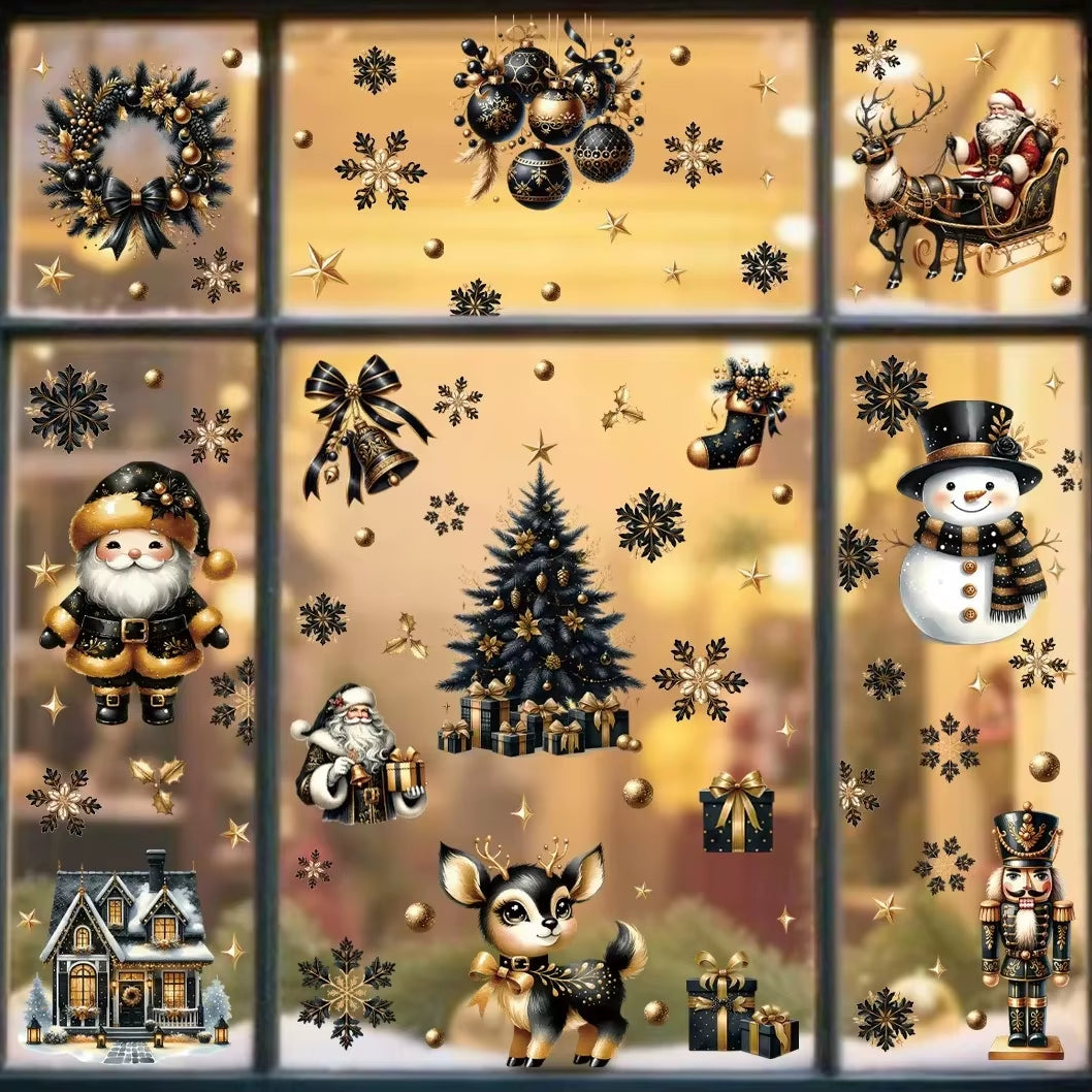 Double-Sided Removable Black Gold Christmas Window Cling Stickers - Santa Claus & Snowflake Decor