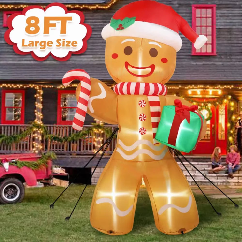 8FT Gingerbread Man Christmas Inflatable with Gift Pack - Festive Outdoor Yard Decoration with LED Lights