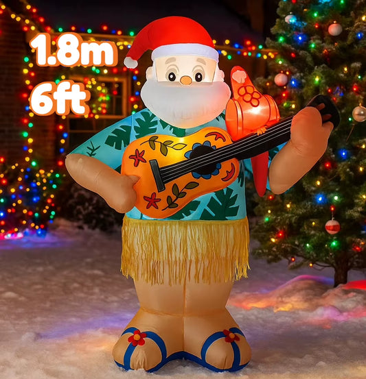 Hawaiian Santa Inflatable Christmas Decoration - 6FT LED Guitar Ornament for Home & Yard Party Decor