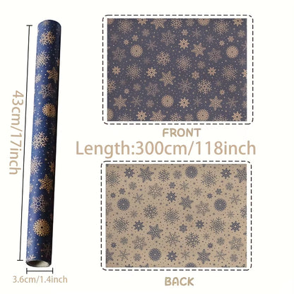 Extra Long Dark Blue Snowflake Wrapping Paper - Double-Sided Winter Design for Stunning Gift Presentation