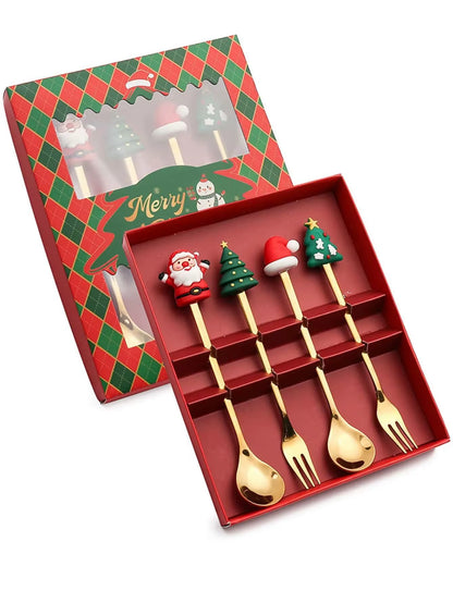 Exquisite Stainless Steel Christmas Spoon and Fork Set - Perfect Tableware for Coffee, Tea, and Desserts (2/4/6 Pieces)