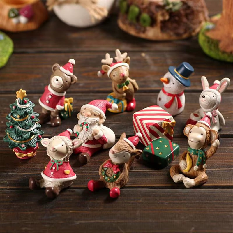 Festive Miniature Christmas Tree Figurines - Snowman, Santa, Bear & Deer for Dollhouse & Garden Decor