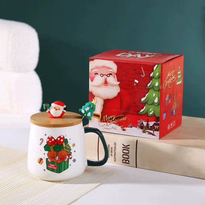 Adorable Santa Claus & Reindeer Ceramic Mug with Lid and Spoon - Perfect Christmas Gift!