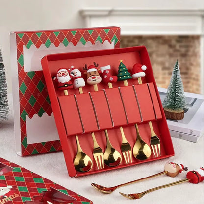 Exquisite Stainless Steel Christmas Spoon and Fork Set - Perfect Tableware for Coffee, Tea, and Desserts (2/4/6 Pieces)