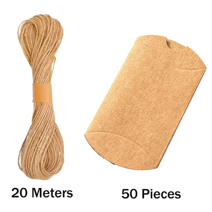 50 Premium Kraft Pillow Boxes with 20M Jute Twine - Perfect for Gifts, Weddings, Parties, Birthdays & Holidays!