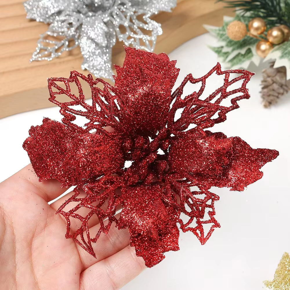 Stunning Glitter Artificial Christmas Flowers - Perfect for Wreaths, Garlands, and Holiday Decor (5/10PCS)