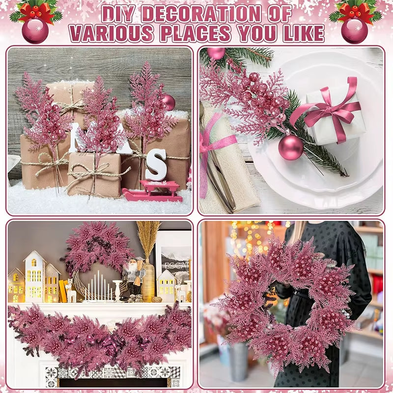 Sparkling Pink Christmas Berry Stalk - 26Cm Pine Needle Flower for Tree Ornaments & DIY Wreath Decor
