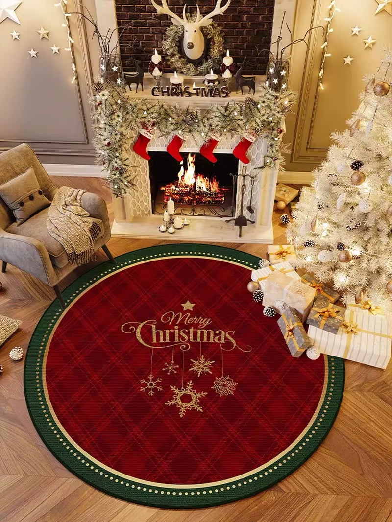 VIKAMA Festive Red and White Round Carpet with 3D Embroidery - Anti-Slip Short Pile Christmas Decoration