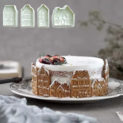 4Pcs Christmas Gingerbread House Cookie Cutters - Festive Biscuit Stamps for Cake Decorating & Baking Fun!