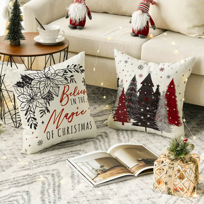 Festive Christmas Tree & Snowflake Throw Pillow Covers - Set of 4 for Cozy Holiday Decor on Sofa & Couch