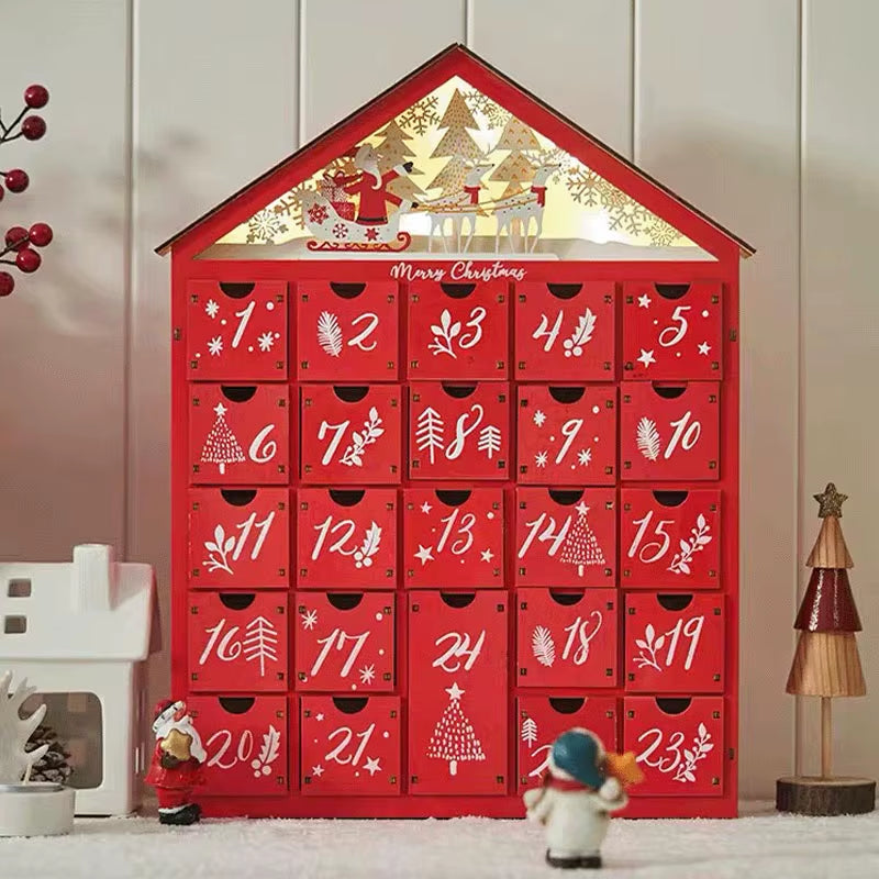 Charming Wooden Christmas Advent Calendar - 24 Empty Drawers in Village House Design for Festive DIY Countdown Decoration