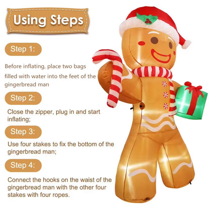 8FT Gingerbread Man Christmas Inflatable with Gift Pack - Festive Outdoor Yard Decoration with LED Lights