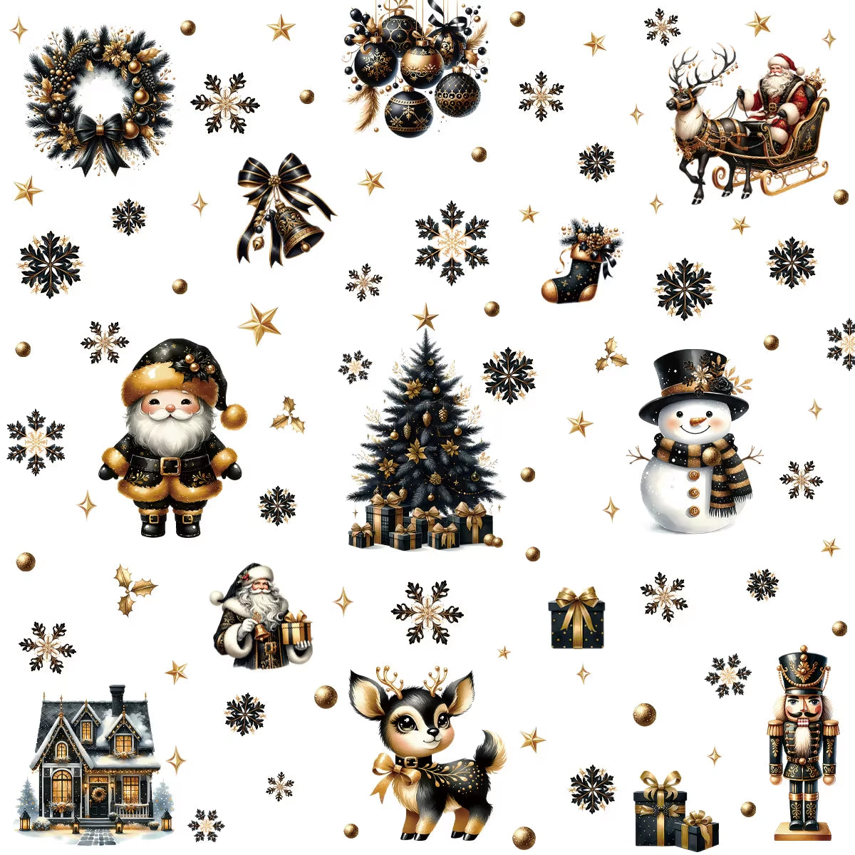 Double-Sided Removable Black Gold Christmas Window Cling Stickers - Santa Claus & Snowflake Decor