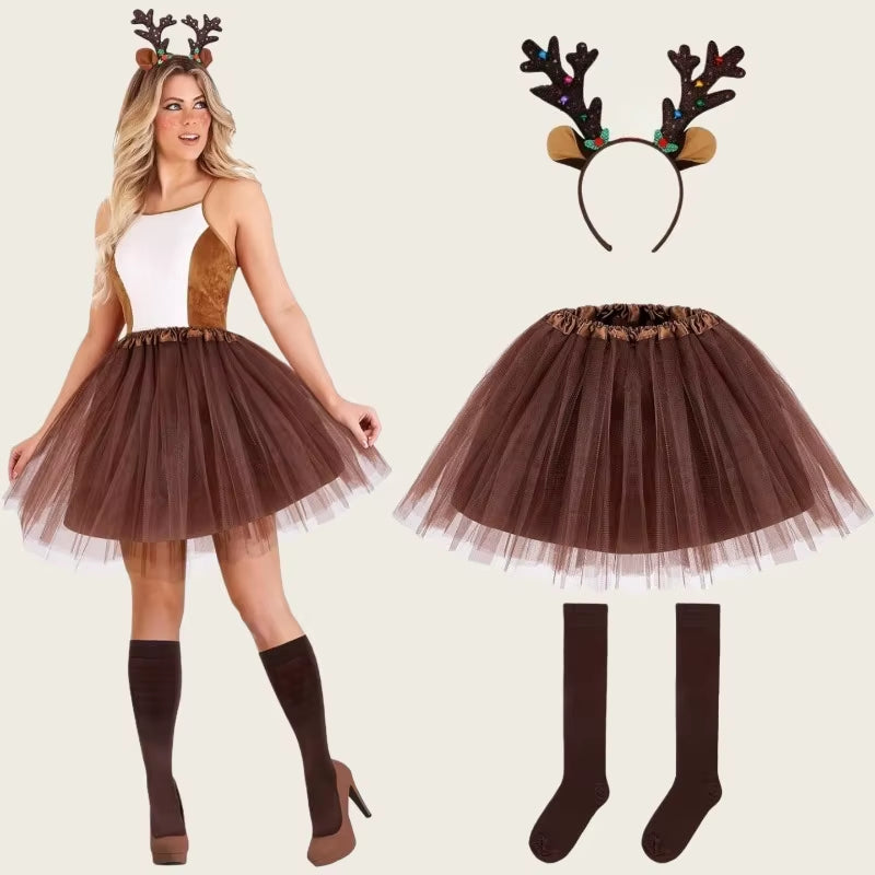 3Pcs Reindeer Costume Adult Tutu Skirt with Reindeer Headband Socks and Skirt,Cosplay Costume Halloween Christmas Dress Outfits
