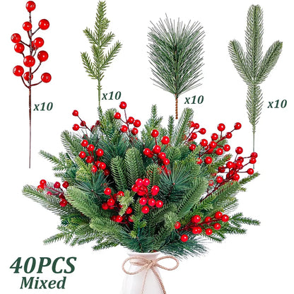 40Pcs Faux Pine Needle Branches with Red Berry Picks - Perfect for DIY Christmas Wreaths and Holiday Decorations