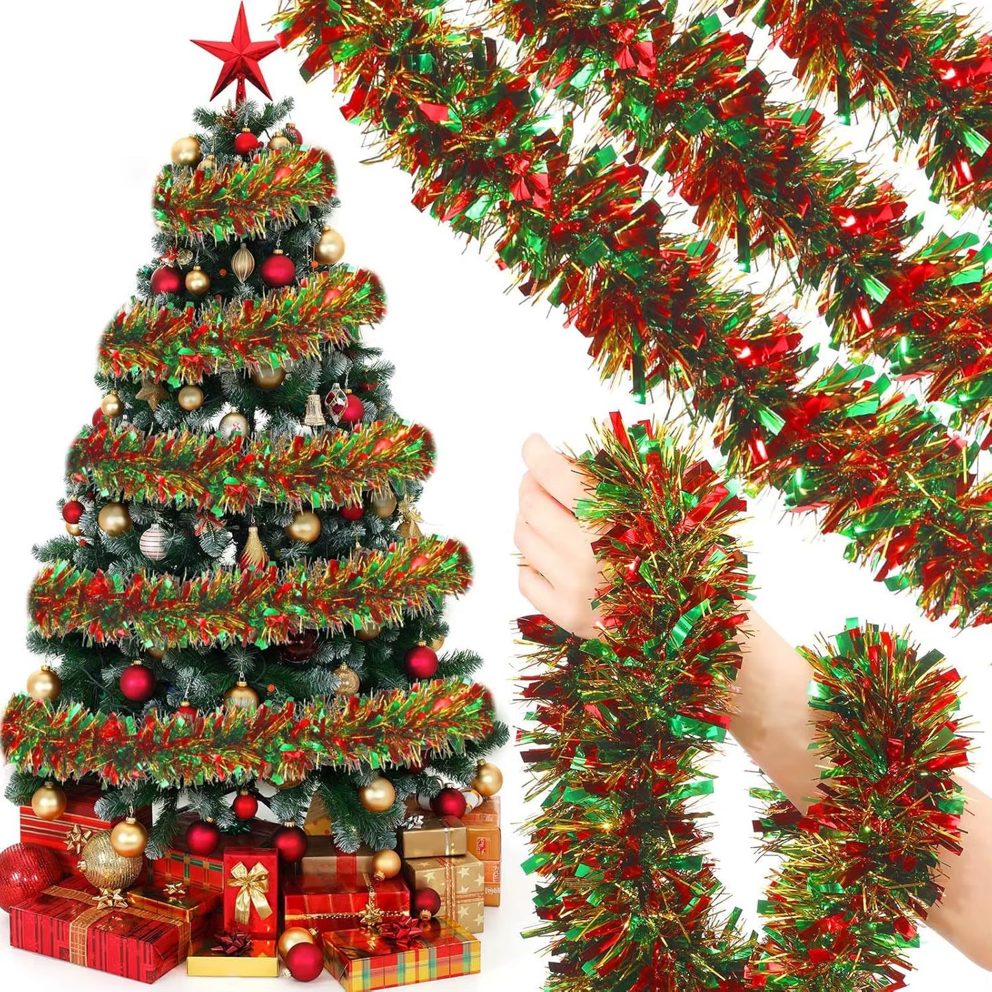 Festive 2M Green Tinsel Ribbon Garland - Perfect for Christmas Tree, Wreaths, and Party Decor!