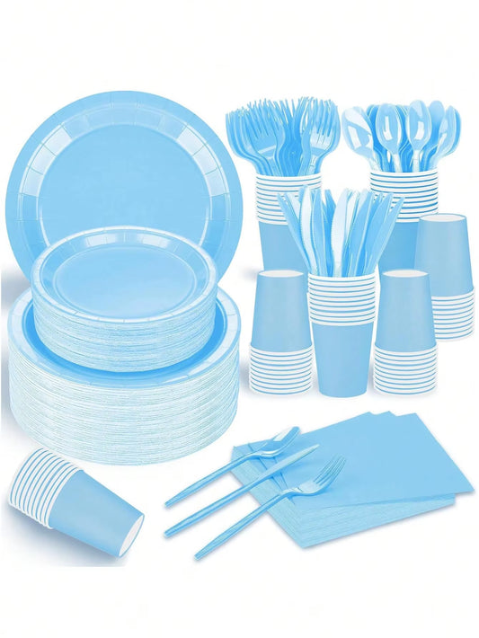 Charming Solid Light Blue Birthday Party Supplies for Super Girls - Disposable Tableware Set with Napkins, Cups, Plates, Tablecloths, and Straws