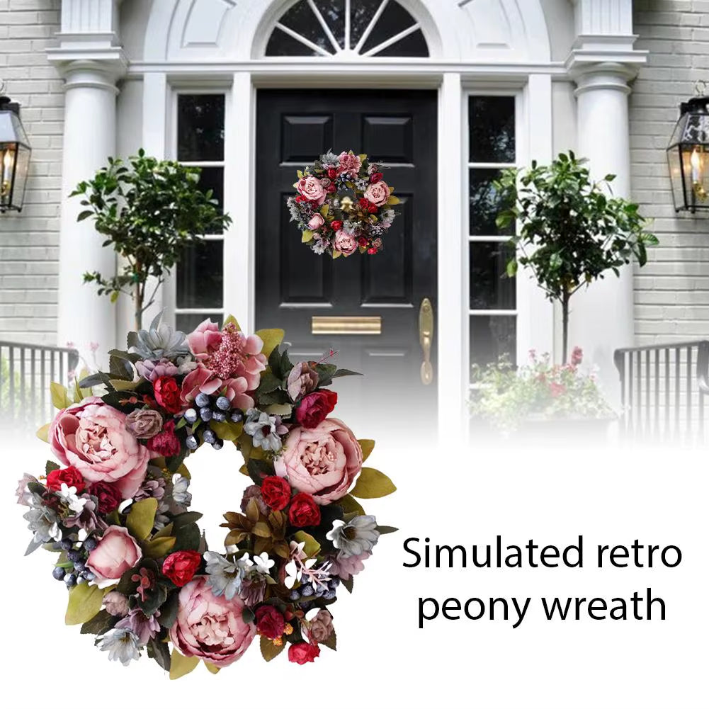 Elegant 35CM Retro Peony Flower Wreath - Luxurious Silk Wall Hanging for Christmas, Weddings, and Home Decor