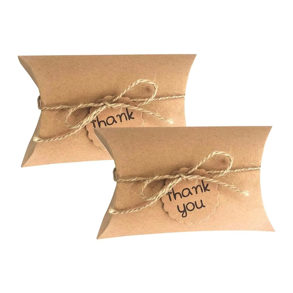 50 Premium Kraft Pillow Boxes with 20M Jute Twine - Perfect for Gifts, Weddings, Parties, Birthdays & Holidays!