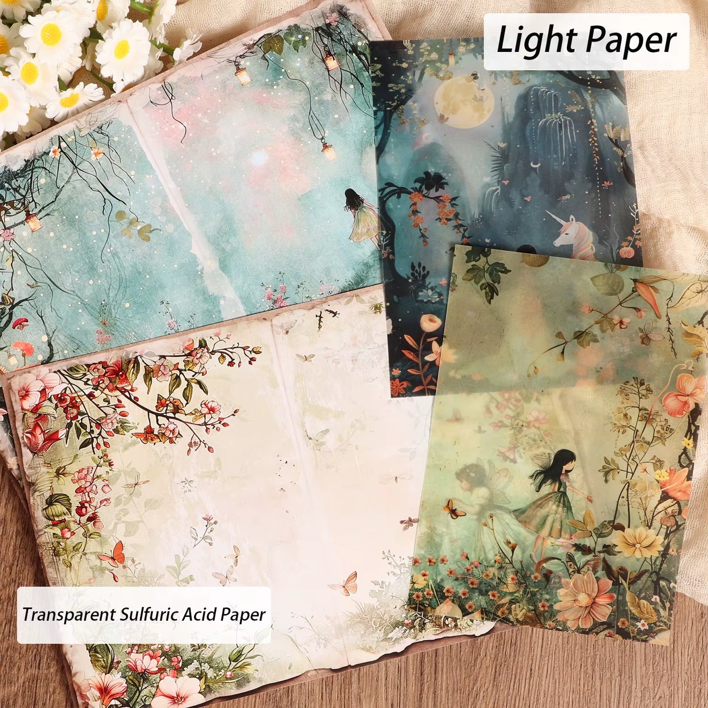 Fantasy Forest DIY Scrapbook Kit: 16 A5 Decorative Papers, 8 Transparent Sulfuric Acid Sheets & 36 Stickers for Creative Arts & Crafts