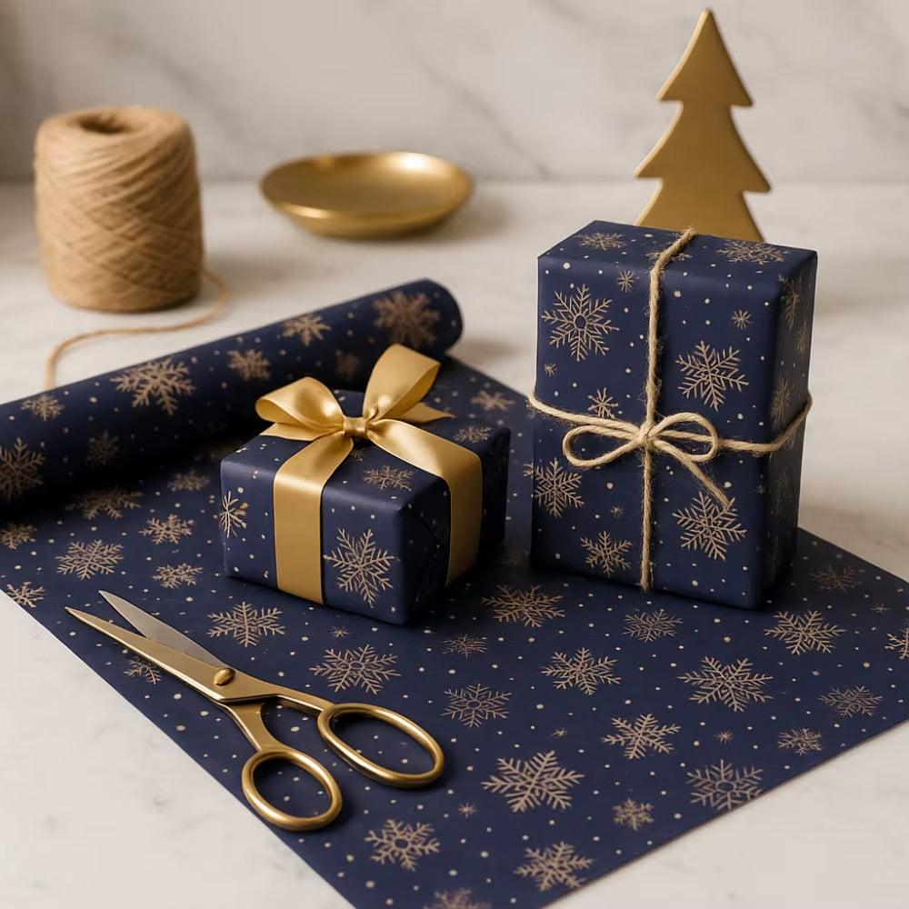 Extra Long Dark Blue Snowflake Wrapping Paper - Double-Sided Winter Design for Stunning Gift Presentation