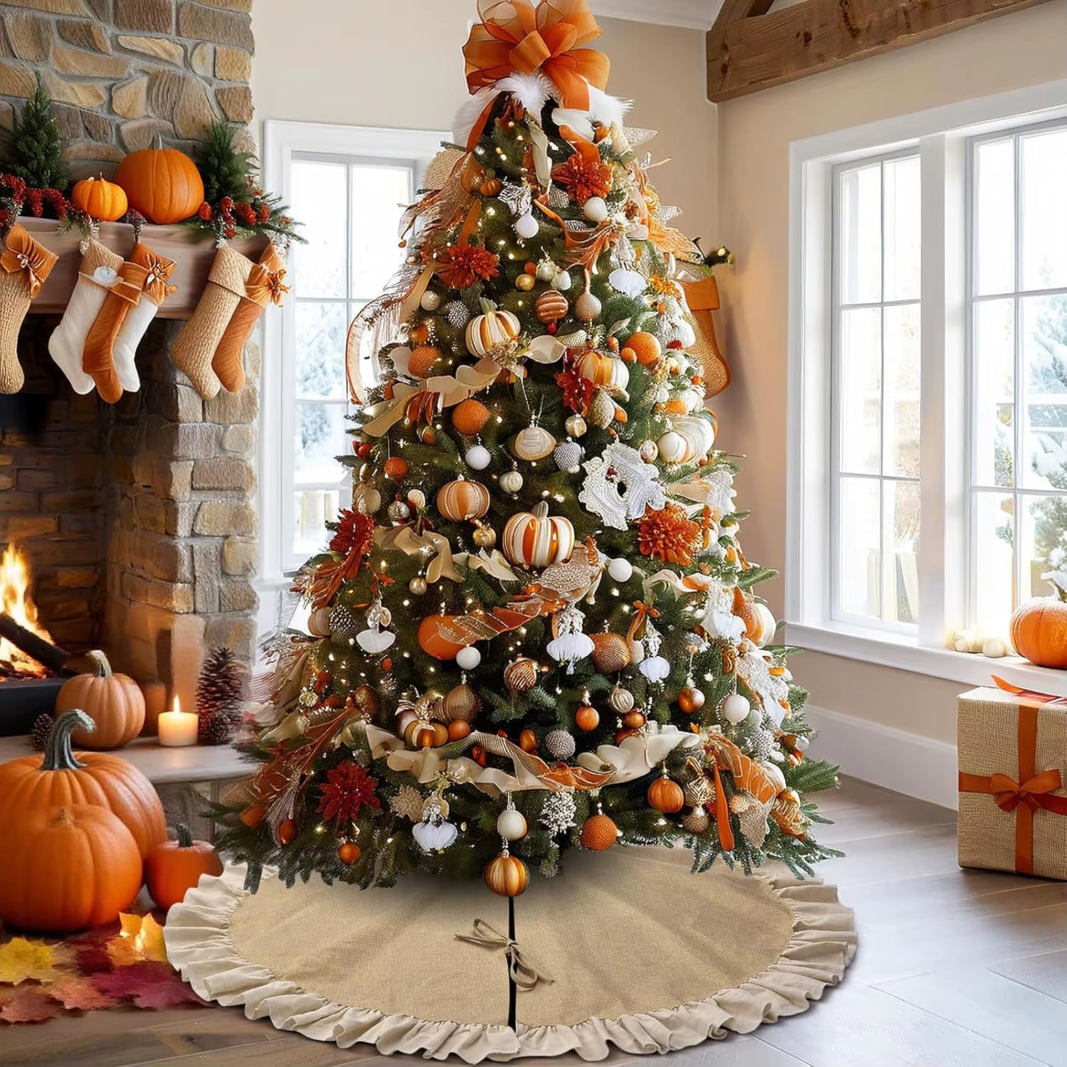 Rustic Burlap Christmas Tree Skirt - 90/120Cm Farmhouse Jute Decor for Fall and Thanksgiving