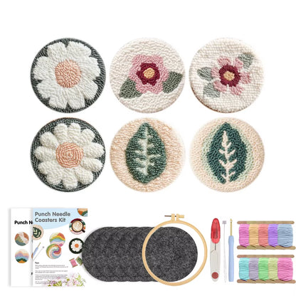 GATYZTORY 6-Piece Flower Punch Needle Coaster Kit - DIY Embroidery Craft Supplies for Stunning Tufted Coasters