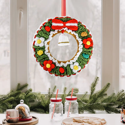 Festive Crochet Christmas Wreath - Beautiful Hanging Holiday Decoration & Bell Garland for Front Door