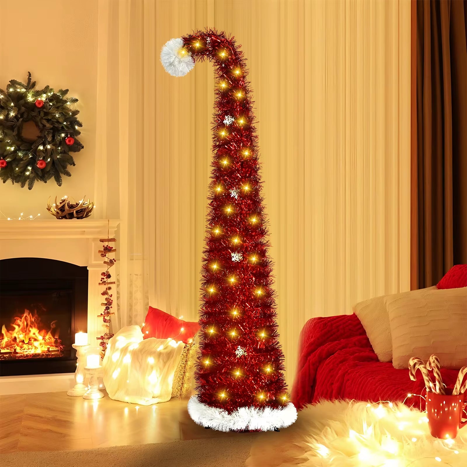 Scalable 1.5m Foldable Christmas Tree with Green Woolen Strips - Perfect Spiral Holiday Decoration!