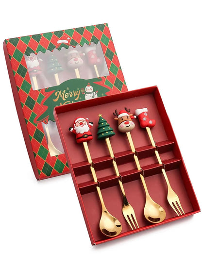 Exquisite Stainless Steel Christmas Spoon and Fork Set - Perfect Tableware for Coffee, Tea, and Desserts (2/4/6 Pieces)