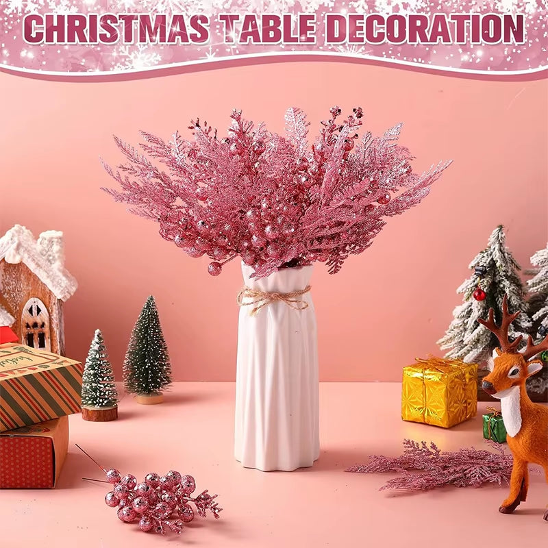 Sparkling Pink Christmas Berry Stalk - 26Cm Pine Needle Flower for Tree Ornaments & DIY Wreath Decor