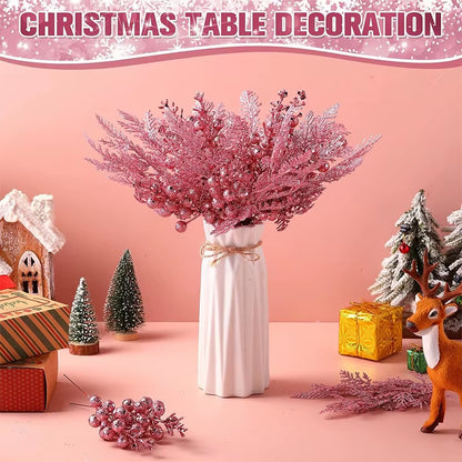 Sparkling Pink Christmas Berry Stalk - 26Cm Pine Needle Flower for Tree Ornaments & DIY Wreath Decor