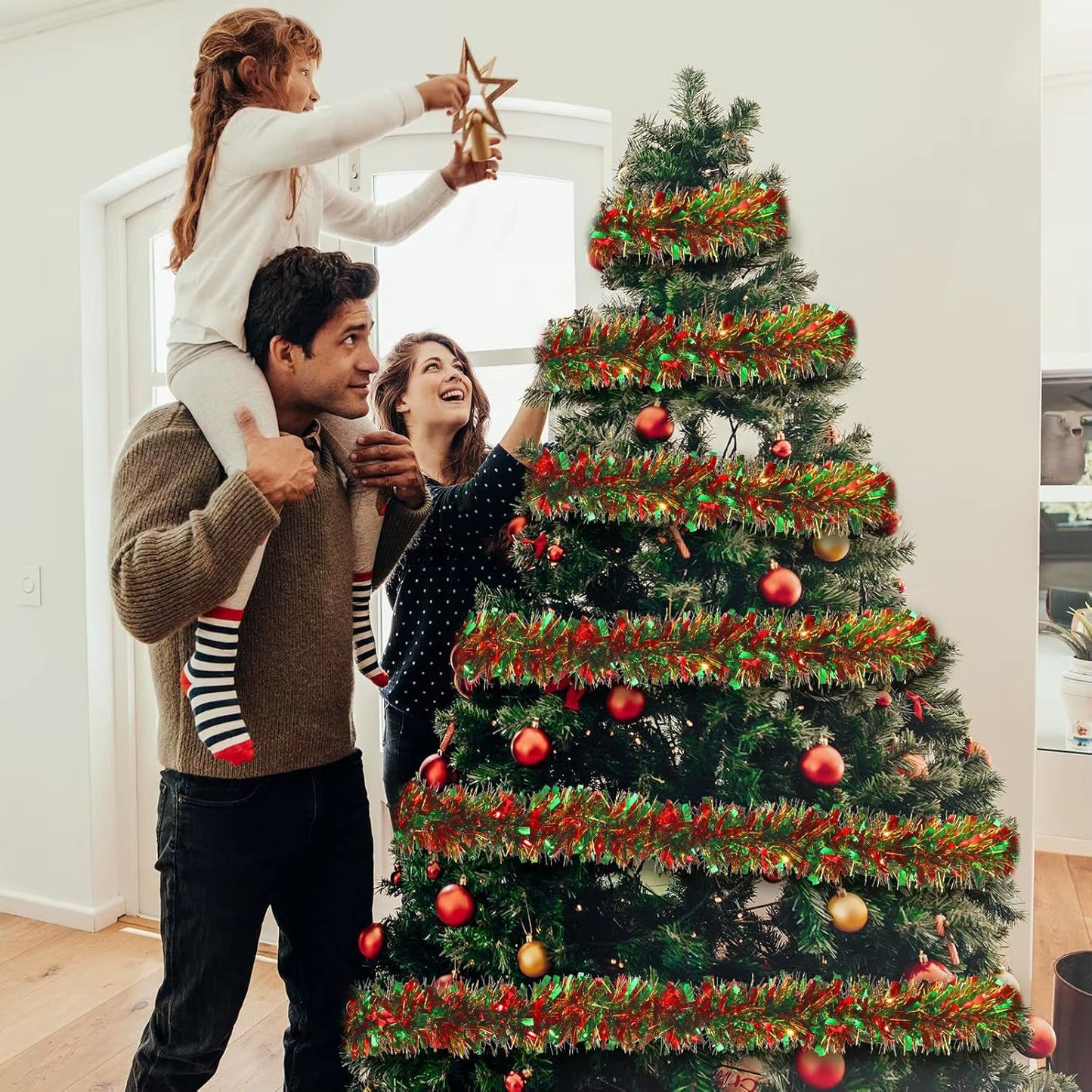 Festive 2M Green Tinsel Ribbon Garland - Perfect for Christmas Tree, Wreaths, and Party Decor!