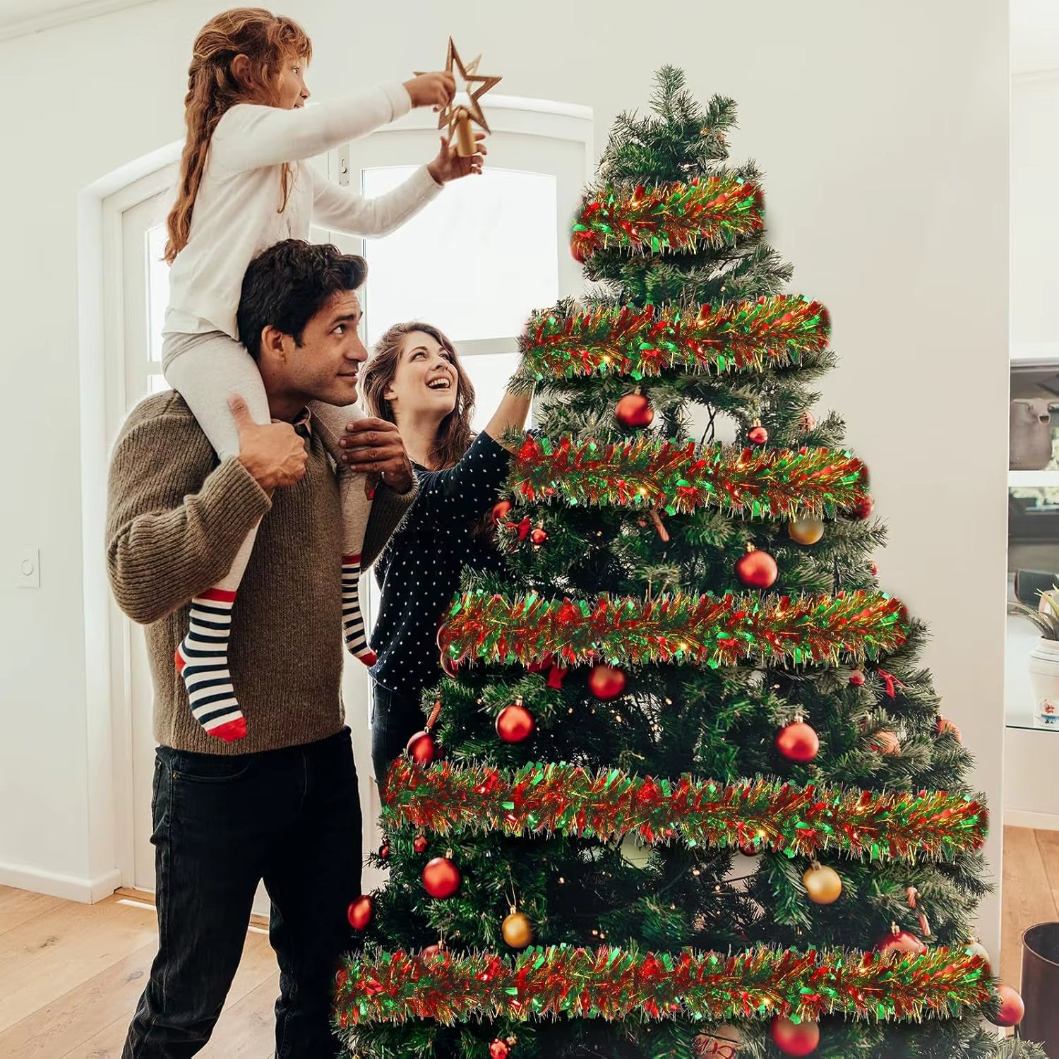 Festive 2M Green Tinsel Ribbon Garland - Perfect for Christmas Tree, Wreaths, and Party Decor!