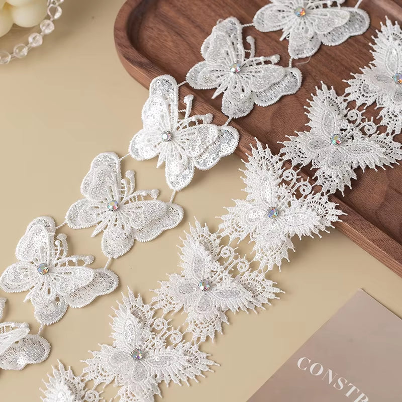 Elegant 3D Butterfly Lace Trim with Rhinestones - Perfect for Wedding Dresses, DIY Crafts, and Floral Decor!