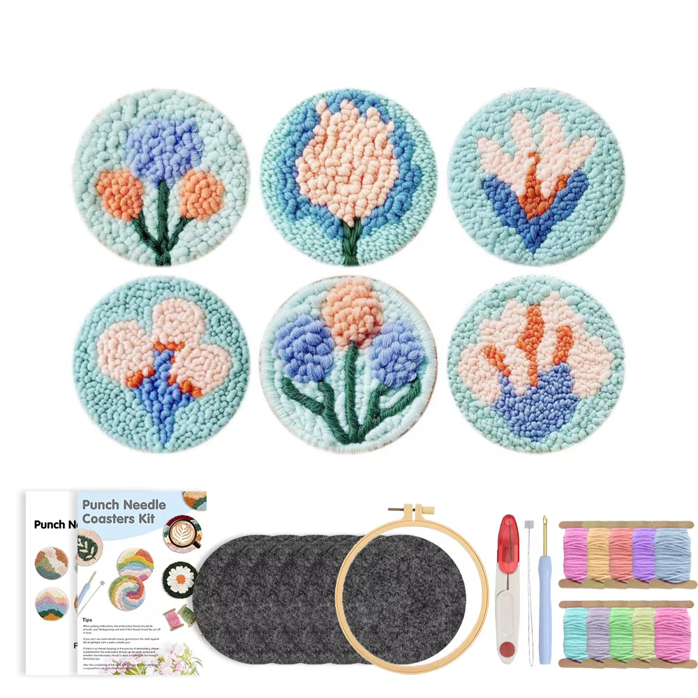 GATYZTORY 6-Piece Flower Punch Needle Coaster Kit - DIY Embroidery Craft Supplies for Stunning Tufted Coasters