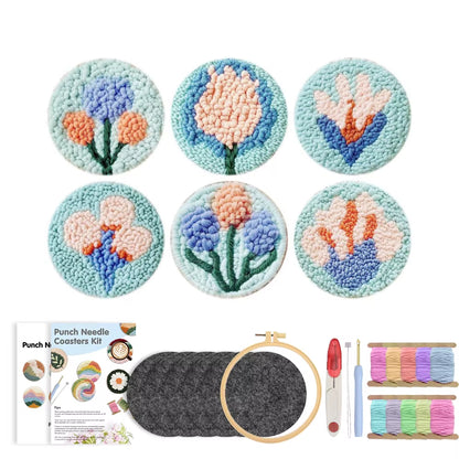 GATYZTORY 6-Piece Flower Punch Needle Coaster Kit - DIY Embroidery Craft Supplies for Stunning Tufted Coasters