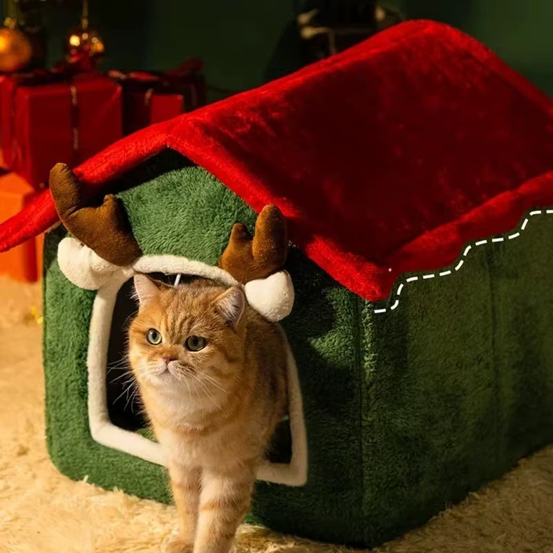 Cozy Christmas Cat & Dog Nest - Plush Multifunctional Pet Bed with Removable Design