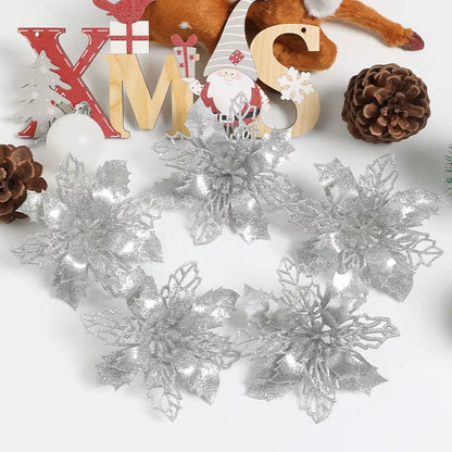 Stunning Glitter Artificial Christmas Flowers - Perfect for Wreaths, Garlands, and Holiday Decor (5/10PCS)