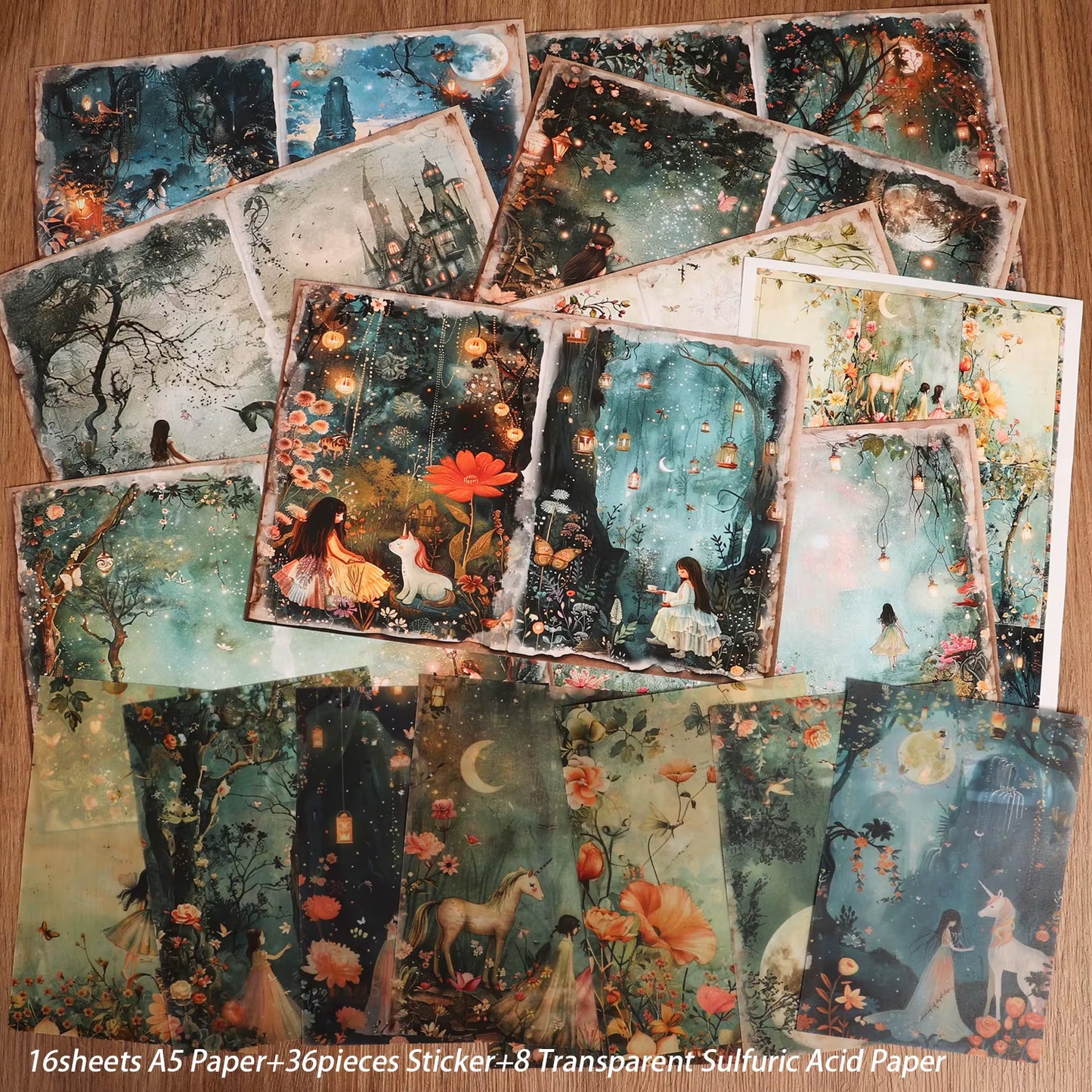 Fantasy Forest DIY Scrapbook Kit: 16 A5 Decorative Papers, 8 Transparent Sulfuric Acid Sheets & 36 Stickers for Creative Arts & Crafts