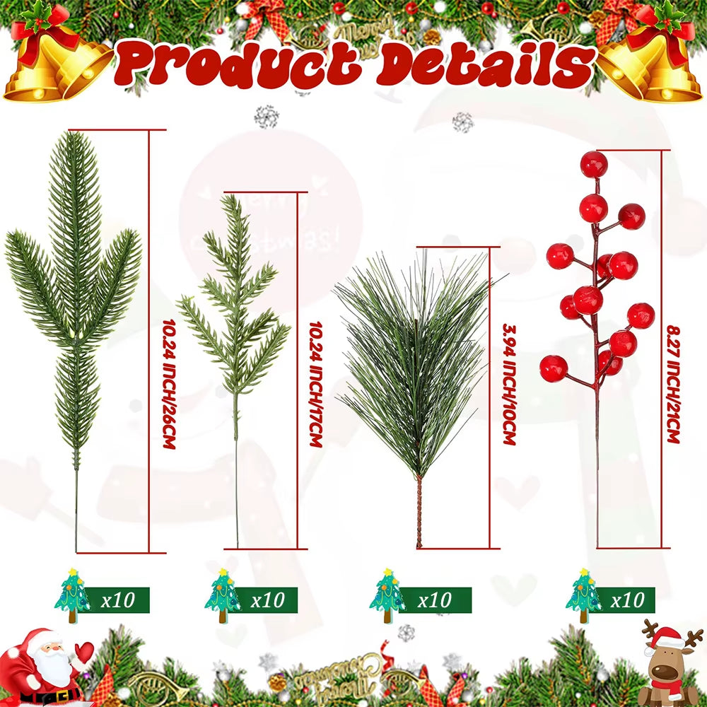 40Pcs Faux Pine Needle Branches with Red Berry Picks - Perfect for DIY Christmas Wreaths and Holiday Decorations