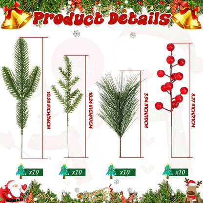40Pcs Faux Pine Needle Branches with Red Berry Picks - Perfect for DIY Christmas Wreaths and Holiday Decorations