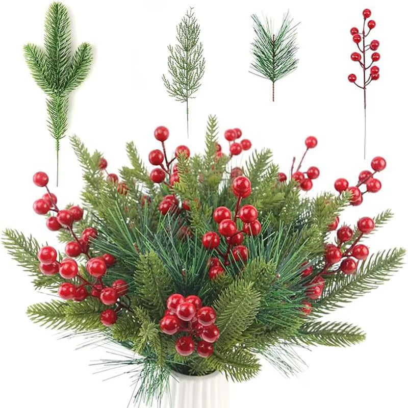 12Pcs Festive Artificial Pine Branches with Red Holly Berries for Christmas Wreaths and DIY Home Decor